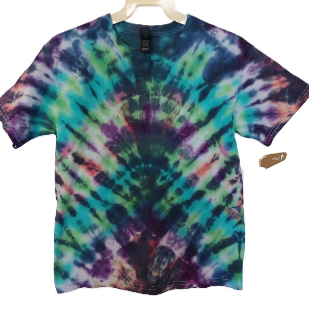 Handmade Abstract Tie Dye T-Shirt Green Purple Black Blue Pink Kids Size Medium - Picture 4 of 16